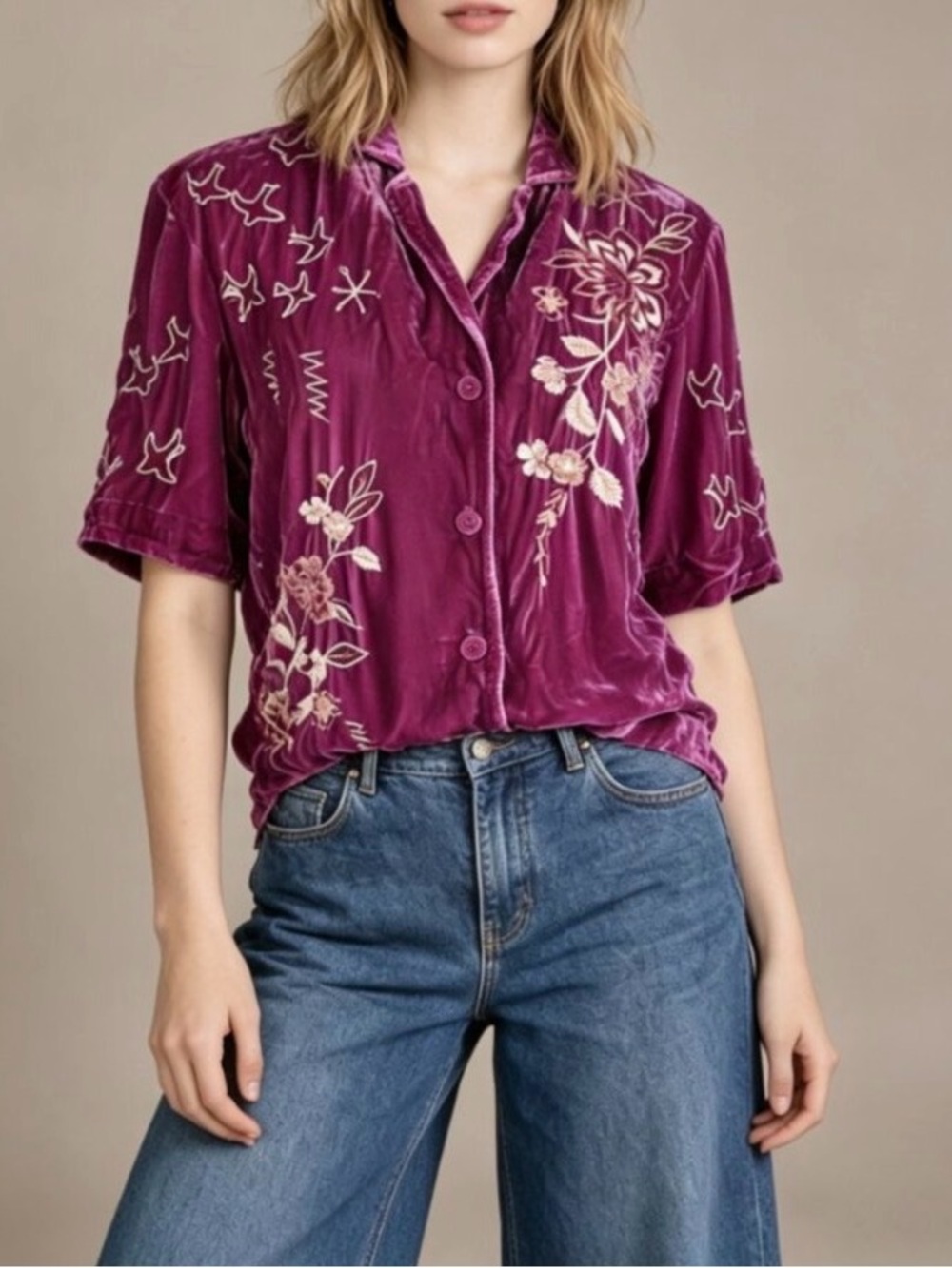 Johnny Was Ulla Magenta Velvet Embroidered Easy V-Neck Blouse Small Whimsical